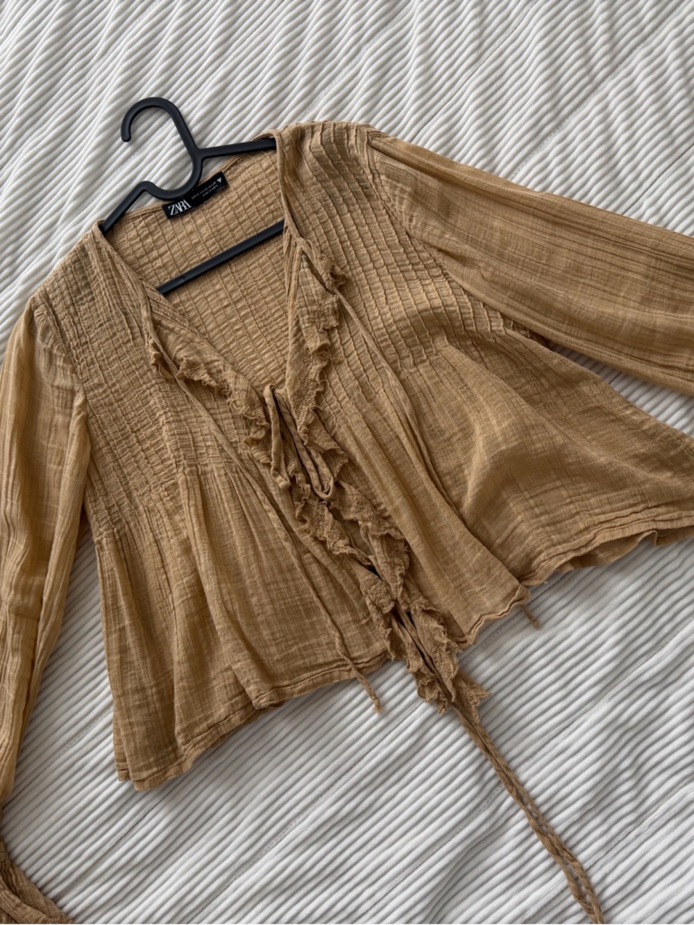 Zara Camel Brown Ruffle Tie-Front Blouse